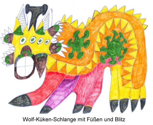 "Wolf-Küken-Schlange mit Füßen und Blitz" von Manuela Müller.